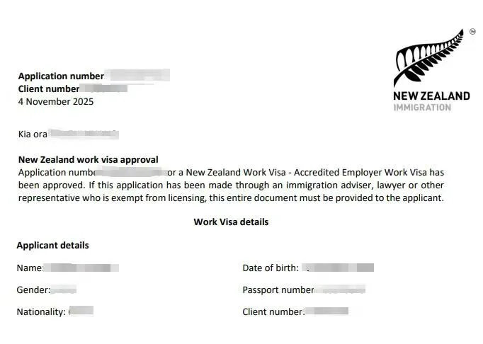 Anonymised Accredited Employer Work Visa approval notice