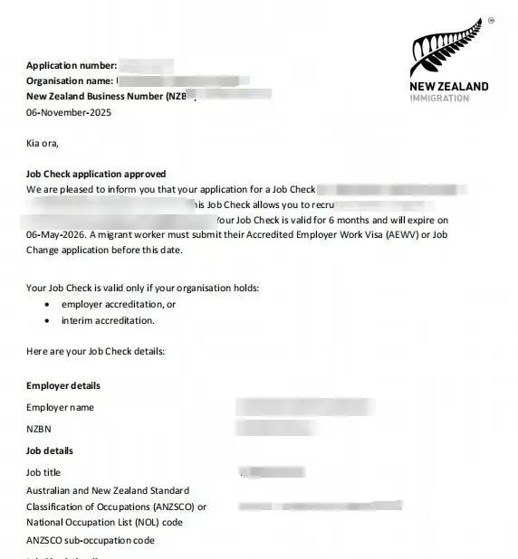 Anonymised Job Check approval notice