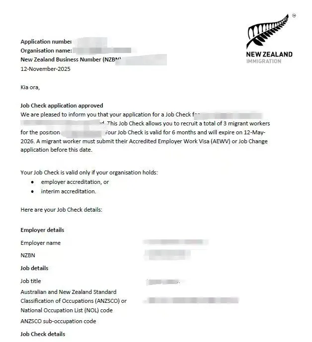 Anonymised Job Check approval notice
