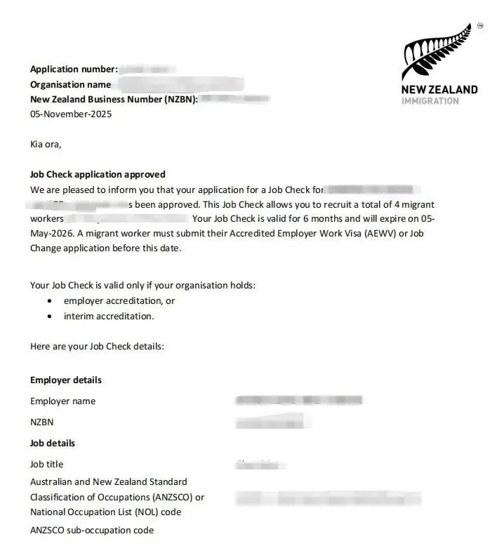 Anonymised Job Check approval notice