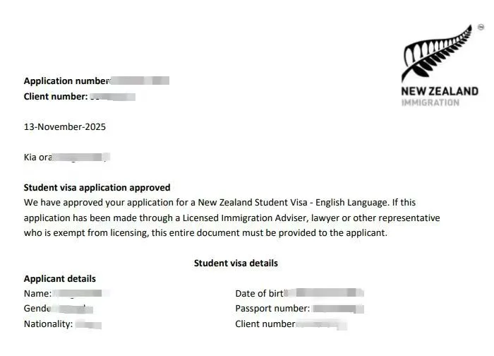 Anonymised Student Visa approval notice