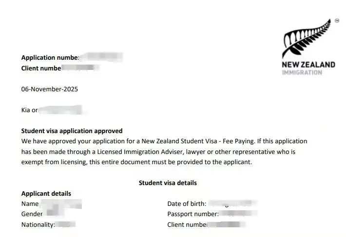 Anonymised Student Visa approval notice