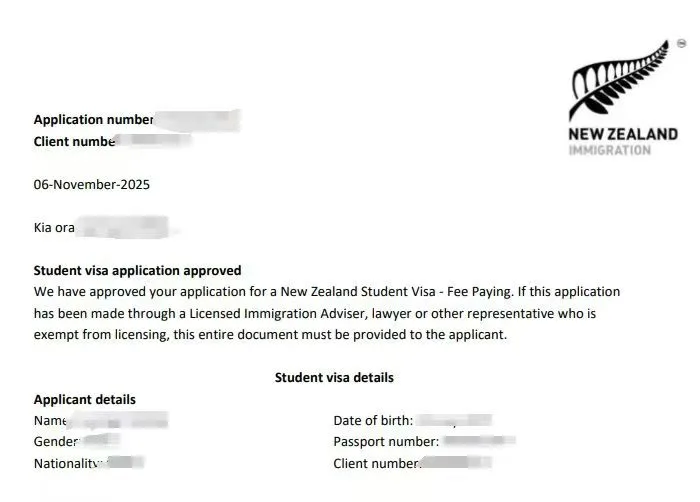 Anonymised Student Visa approval notice