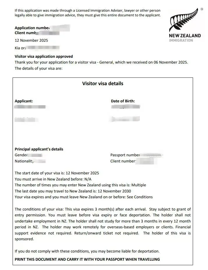 Anonymised Visitor Visa approval notice