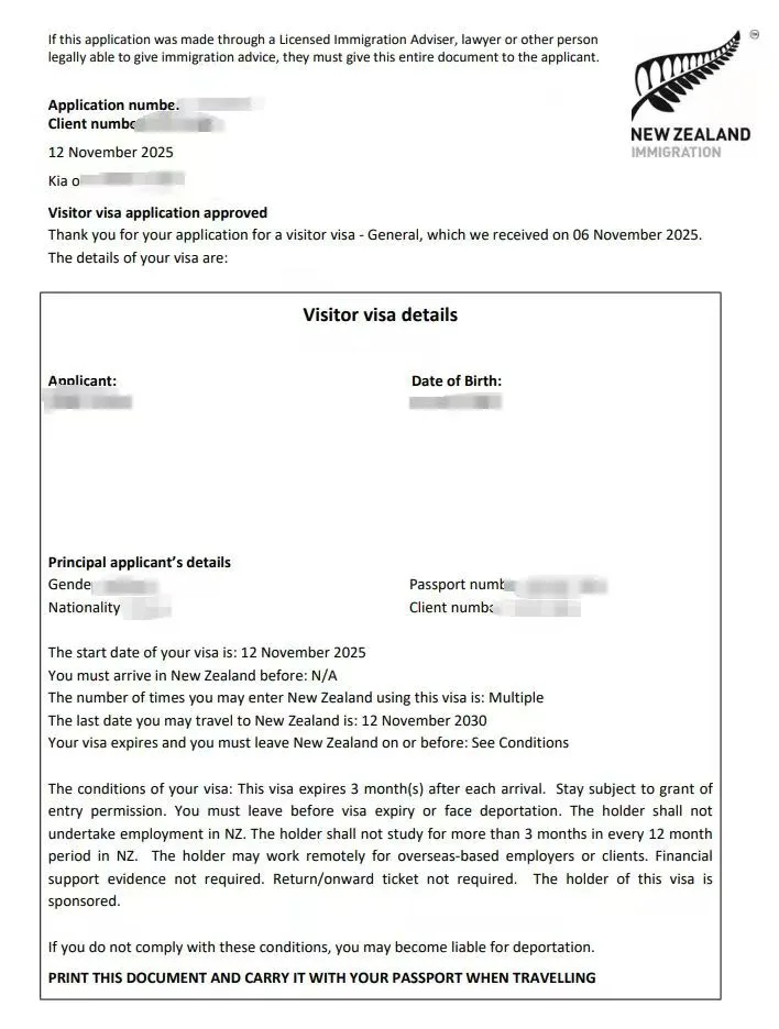 Anonymised Visitor Visa approval notice