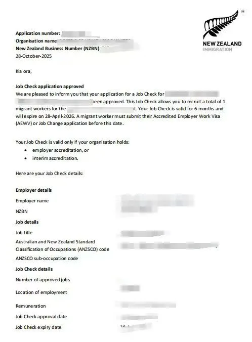 Anonymised Job Check approval notice