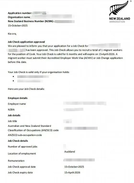 Anonymised Job Check approval notice
