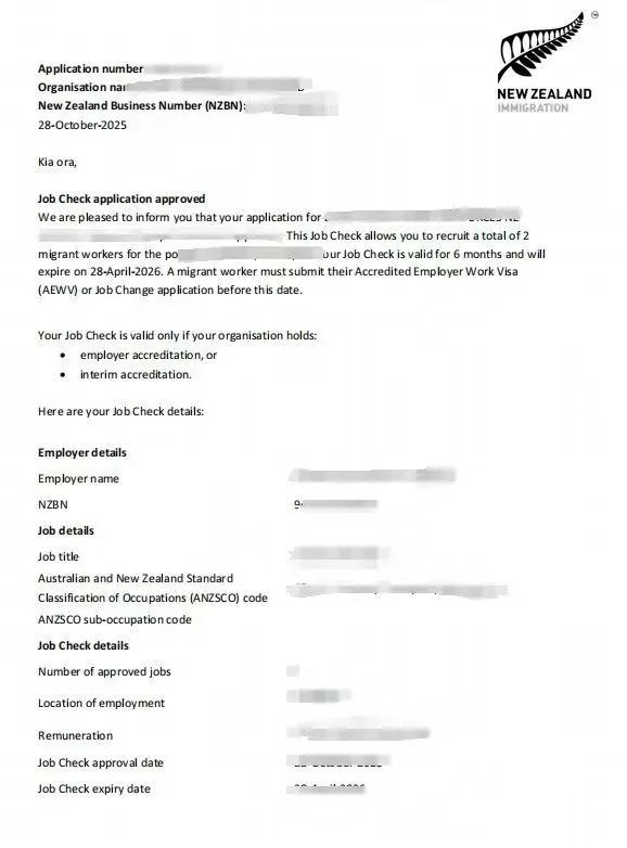 Anonymised Job Check approval notice