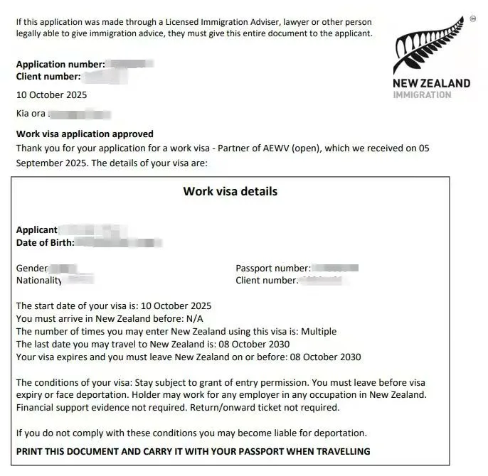 Anonymised Partner of a Worker Work Visa approval notice