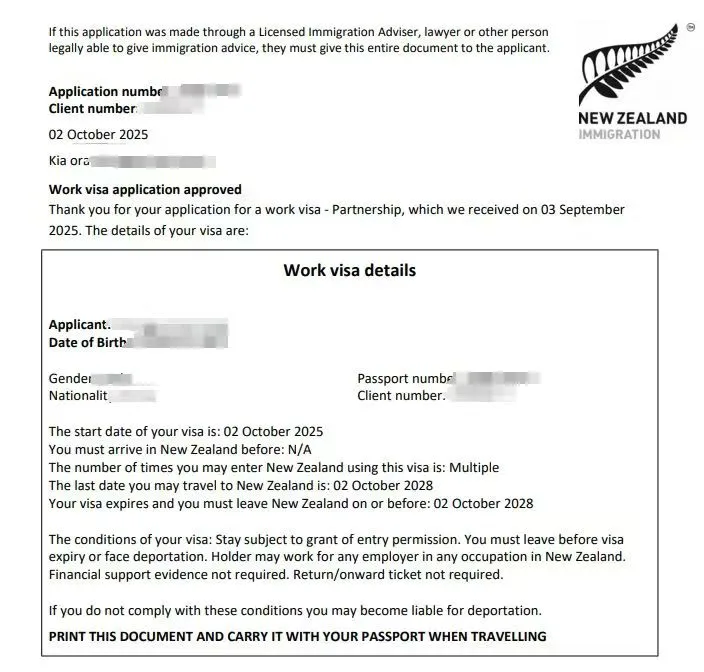Anonymised Partnership Work Visa approval notice