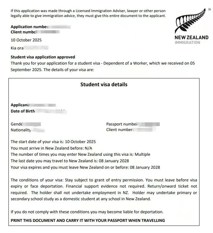 Anonymised Student Visa approval notice