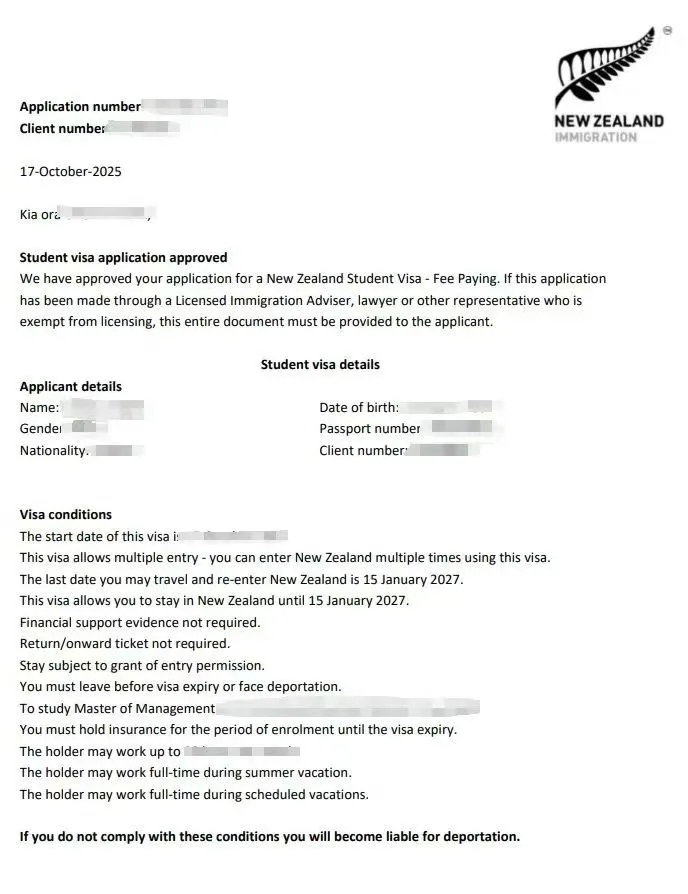 Anonymised Student Visa approval notice