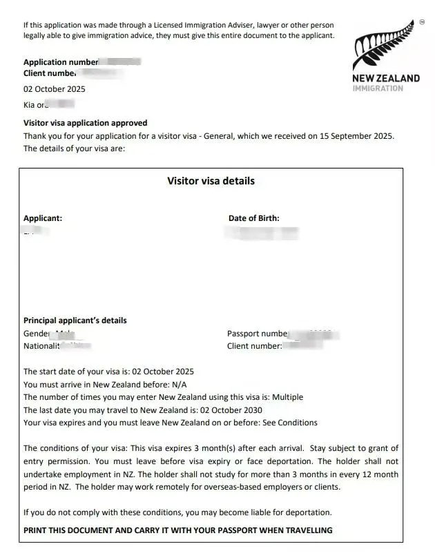 Anonymised Visitor Visa approval notice