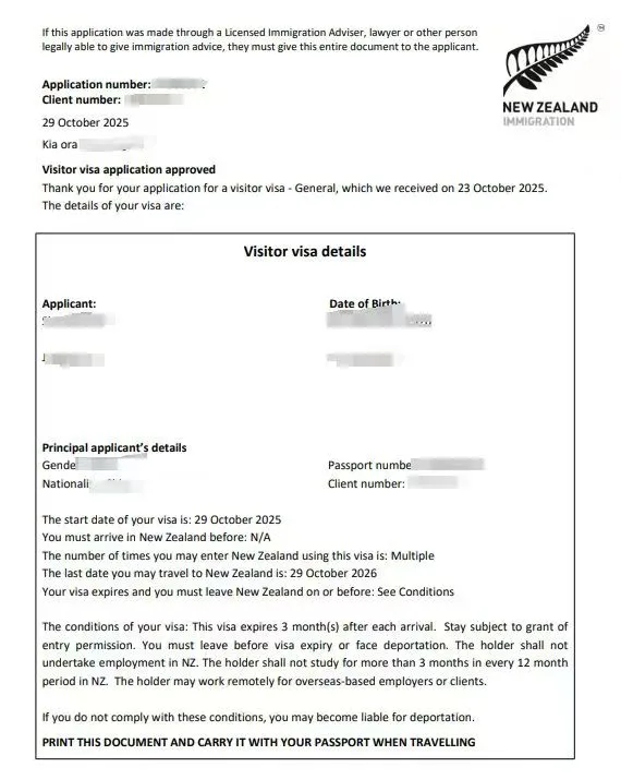 Anonymised Visitor Visa approval notice