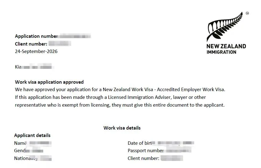 Anonymised Accredited Employer Work Visa approval notice
