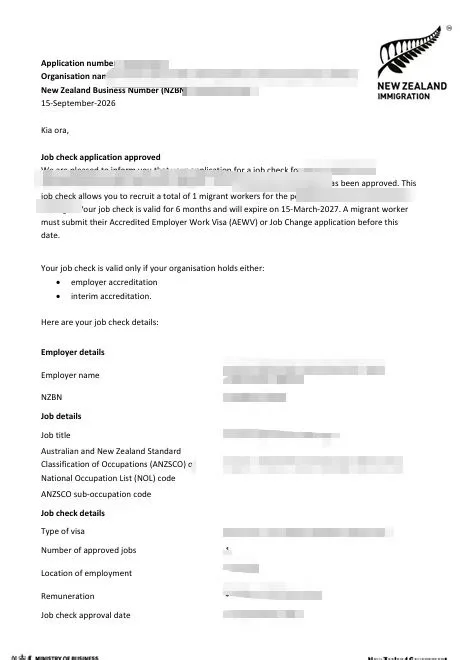 Anonymised Job Check approval notice