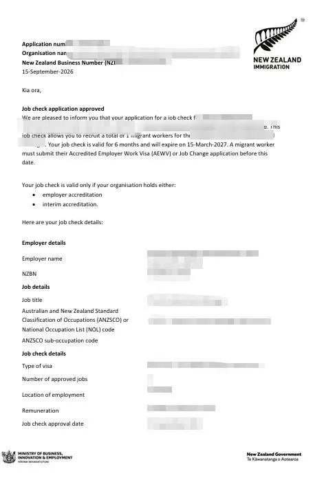 Anonymised Job Check approval notice