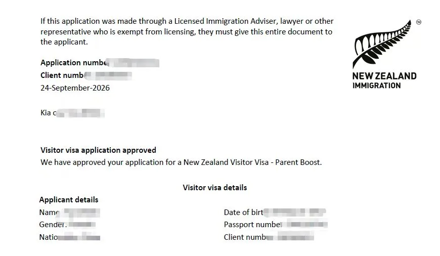 Anonymised Parent Boost Visitor Visa approval notice