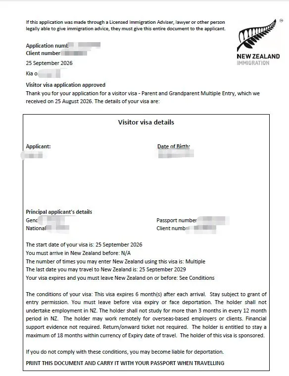 Anonymised Parent and Grandparent Visitor Visa approval notice