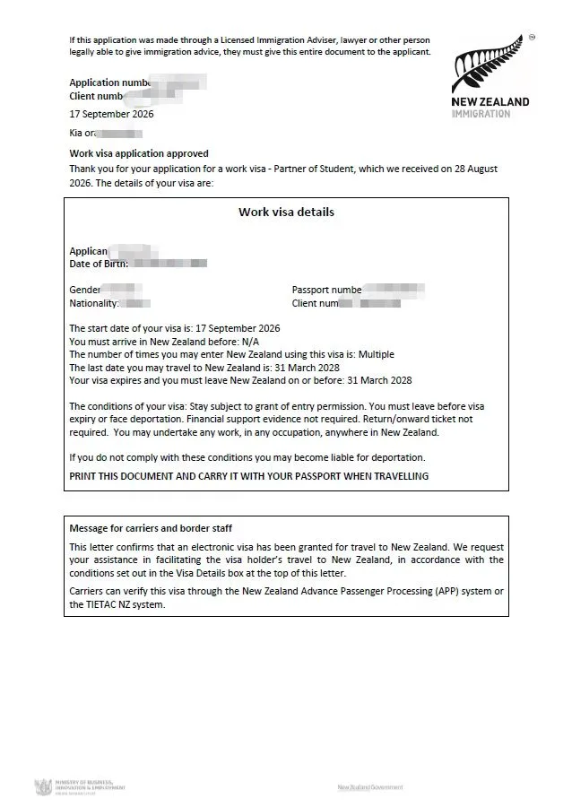 Anonymised Partner of a Student Work Visa approval notice