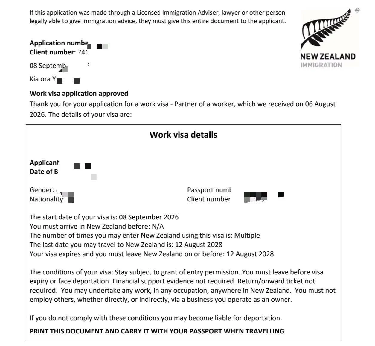 Anonymised Partner of a Worker Work Visa approval notice