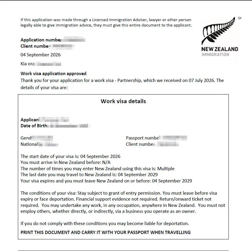 Anonymised Partnership Work Visa approval notice