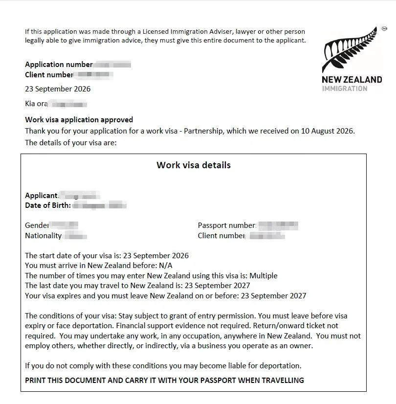 Anonymised Partnership Work Visa approval notice