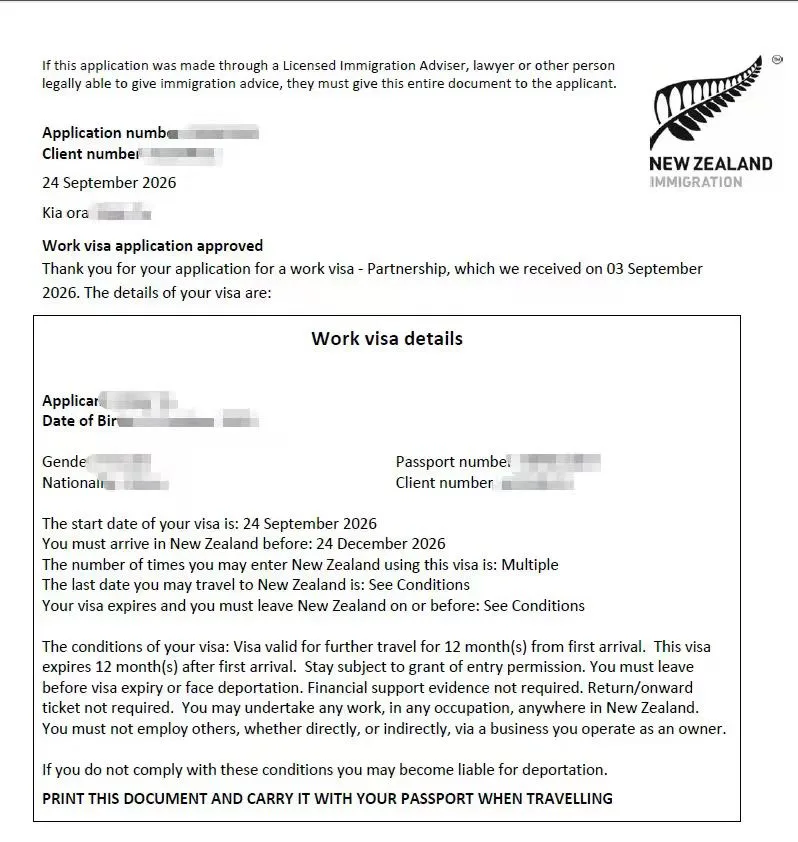 Anonymised Partnership Work Visa approval notice