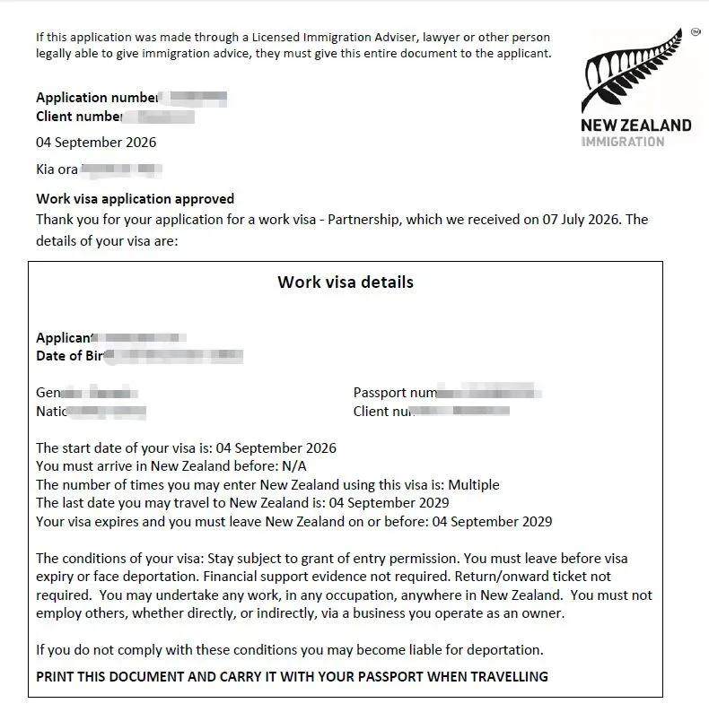 Anonymised Partnership Work Visa approval notice