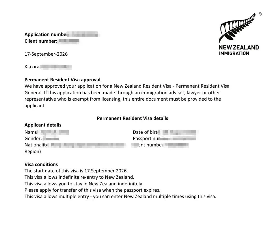 Anonymised Permanent Resident Visa approval notice