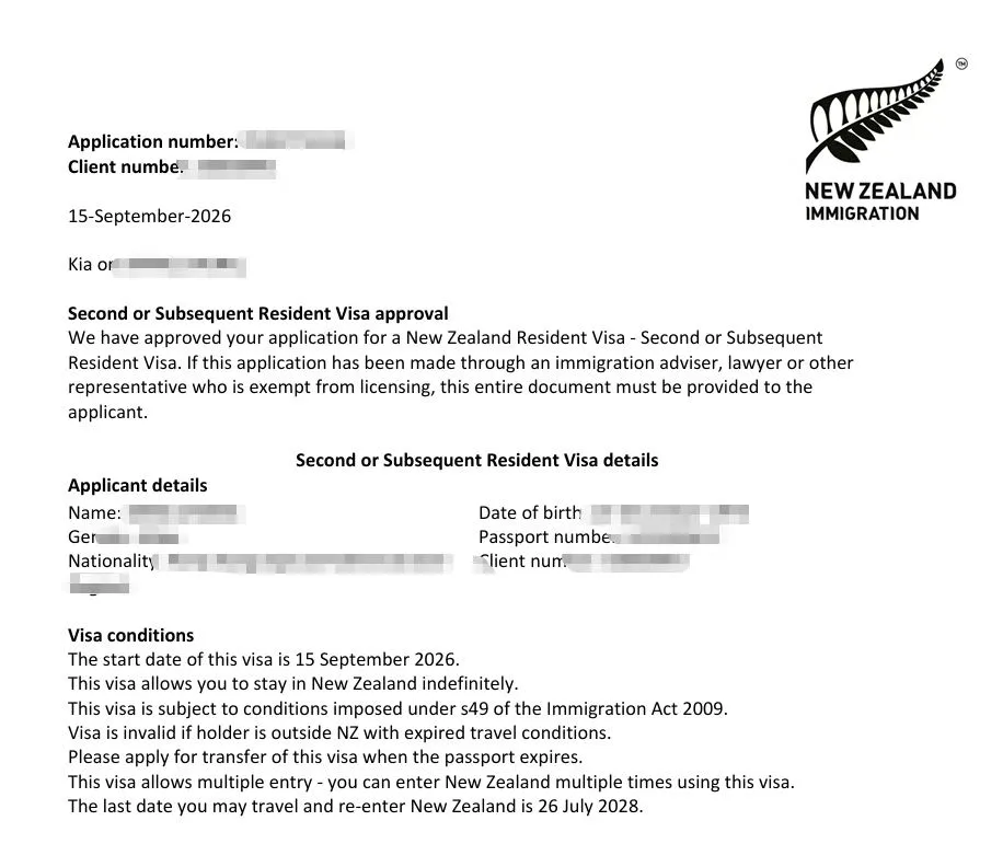 Anonymised Second or Subsequent Resident Visa approval notice