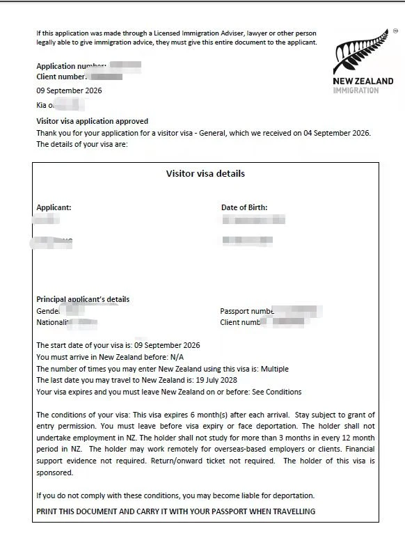 Anonymised Visitor Visa approval notice
