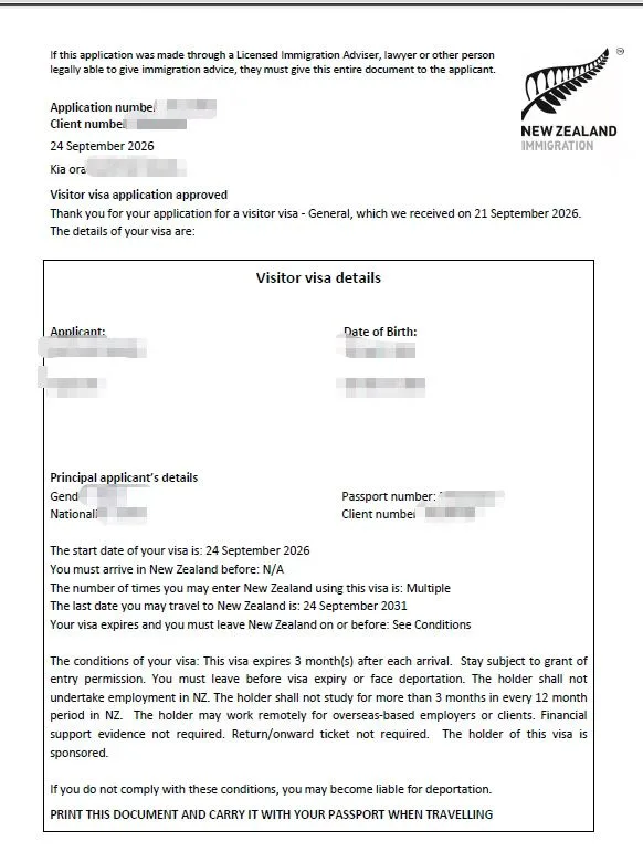 Anonymised Visitor Visa approval notice