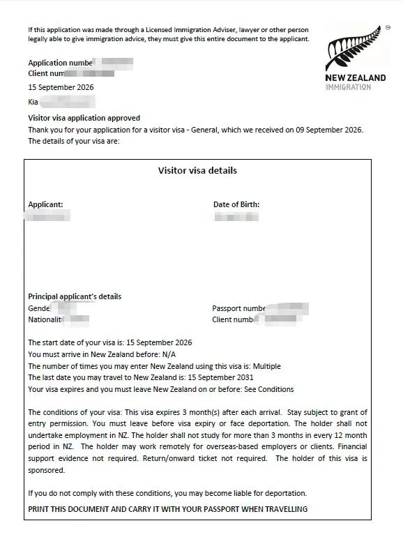 Anonymised Visitor Visa approval notice