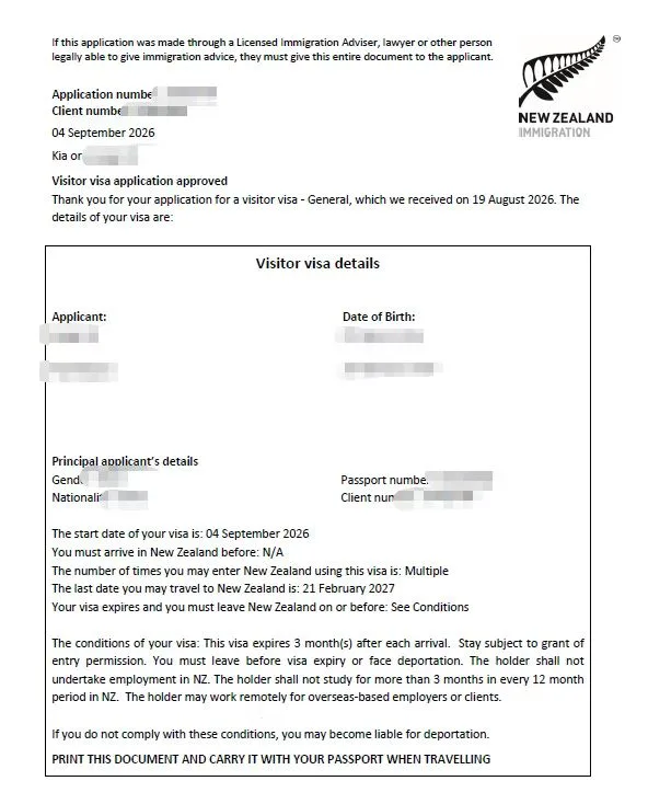 Anonymised Visitor Visa approval notice