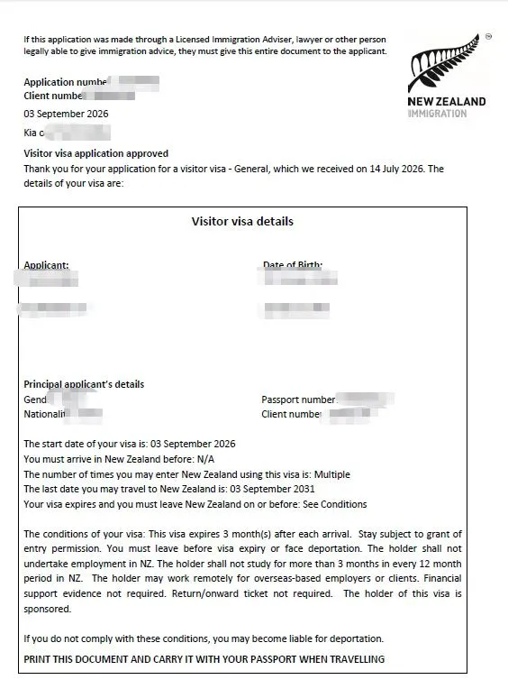 Anonymised Visitor Visa approval notice