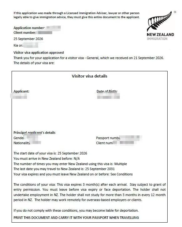 Anonymised Visitor Visa approval notice