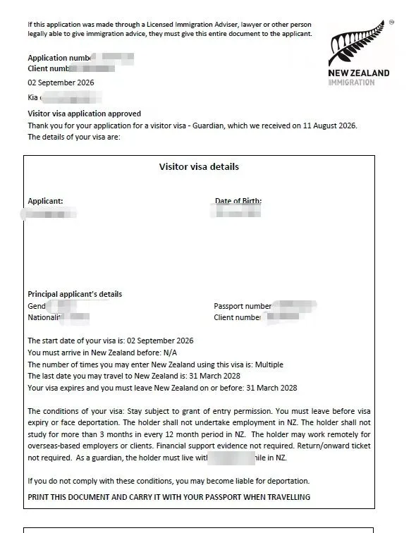 Anonymised Visitor Visa approval notice