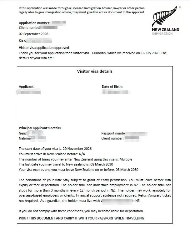 Anonymised Visitor Visa approval notice