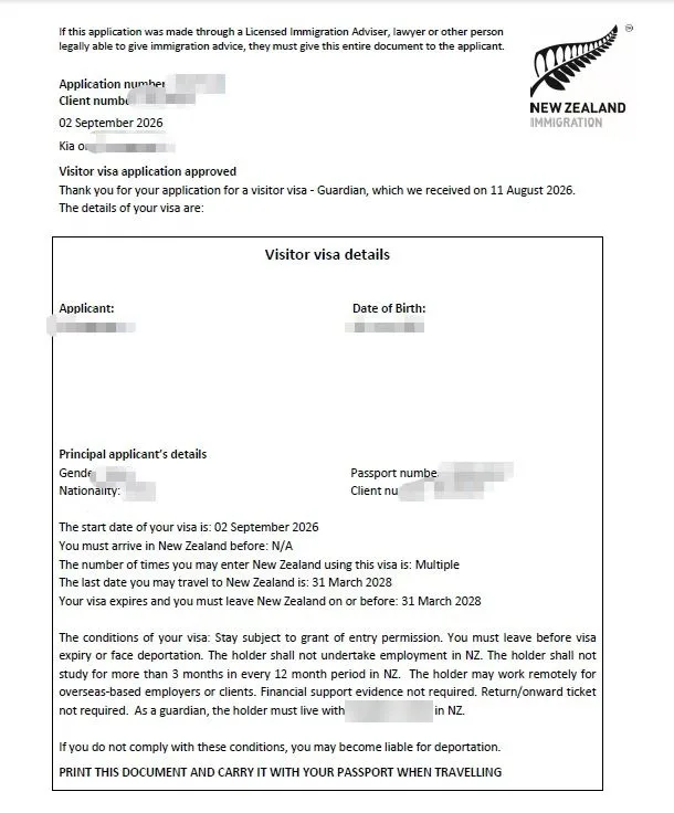 Anonymised Visitor Visa approval notice