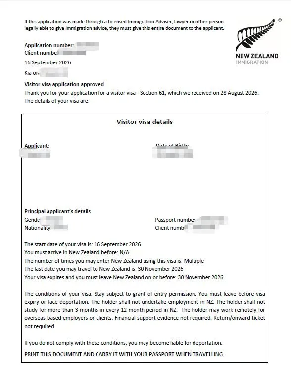 Anonymised Visitor Visa approval notice