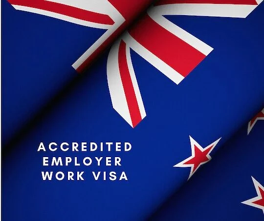 New Zealand flag background with the caption “Accredited Employer Work Visa”
