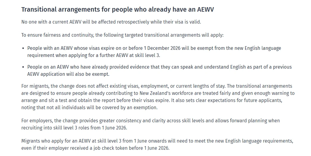 Transitional arrangements for the AEWV English requirement