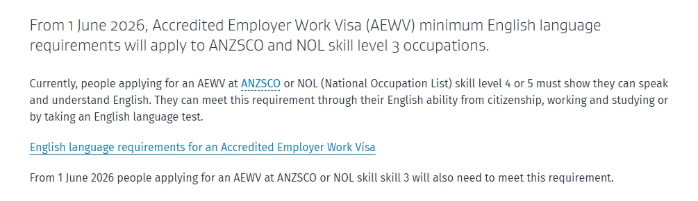 Overview of the AEWV Skill Level 3 English requirement change