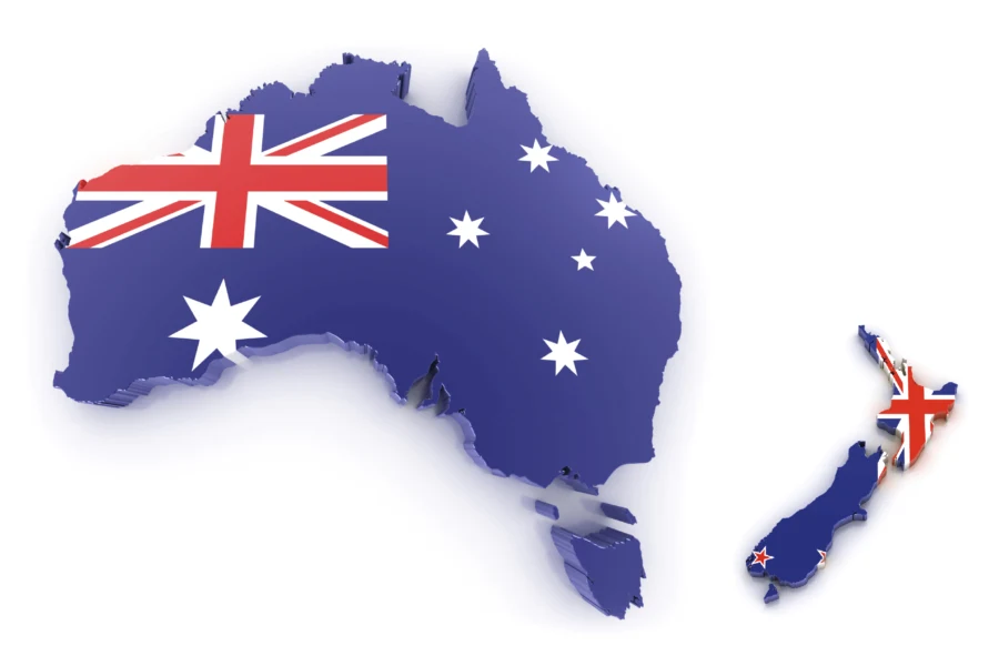 The Australian and New Zealand flags on a map of the two countries