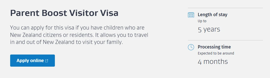 Official INZ page for the Parent Boost Visitor Visa