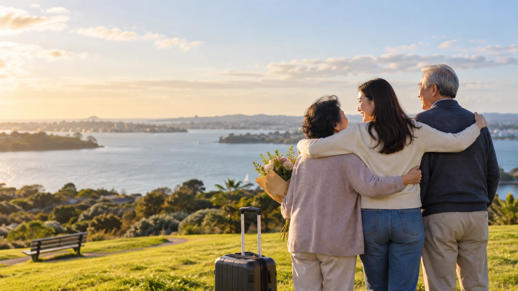 A family embracing on a hillside by the sea in Auckland, looking out at the view, with suitcases and flowers beside them