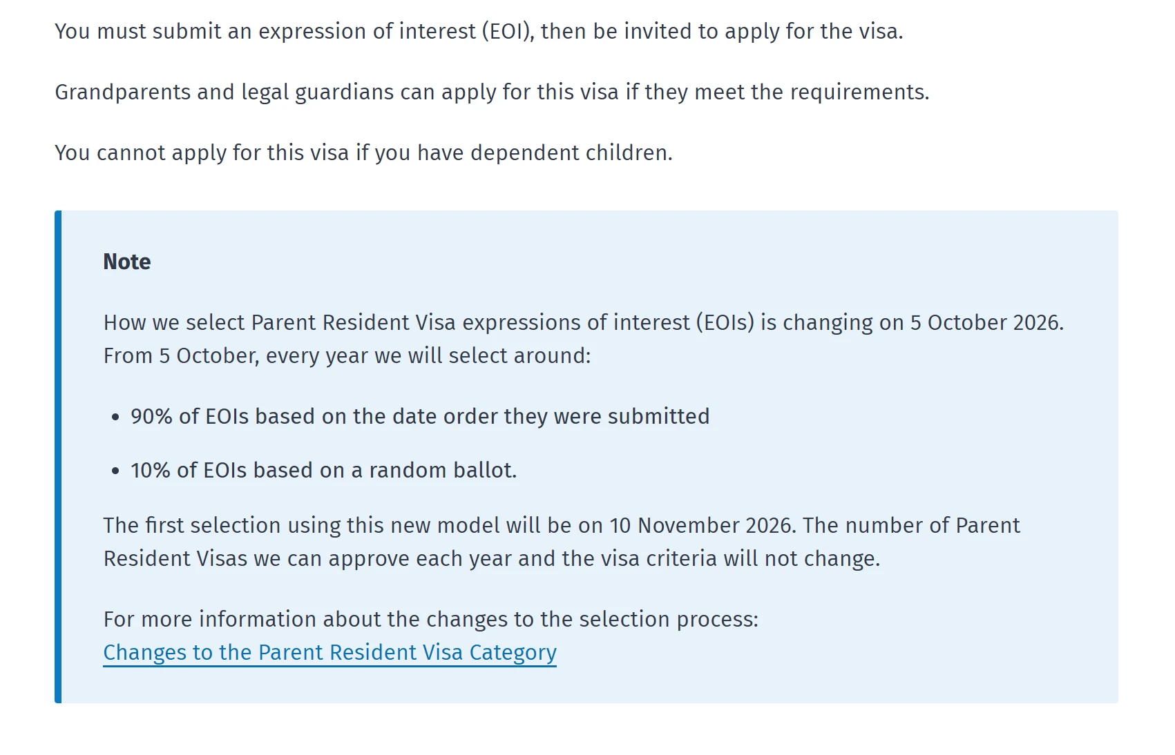 Overview of the changes to Parent Resident Visa EOI selection