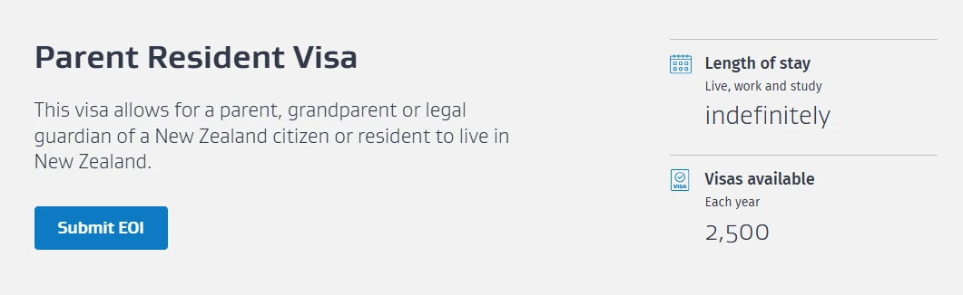 Screenshot of the INZ Parent Resident Visa page: 2,500 places a year