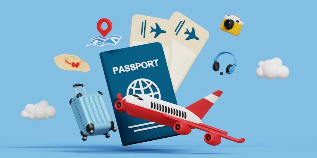 Illustration of the visitor visa application system with a passport, suitcase and aeroplane